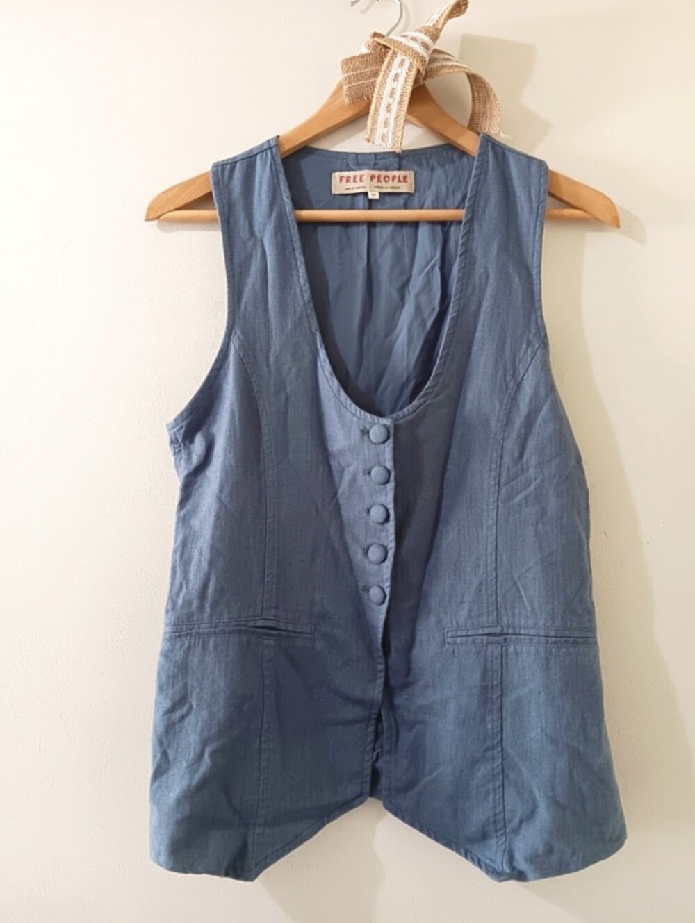 Free People Millie Linen Blend Blue Sleeveless Button Front Waistcoat Vest XS